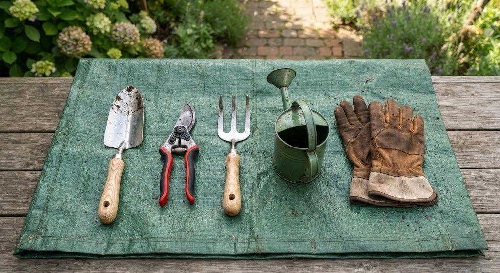 Tier 1 essential gardening toolkit flat lay India