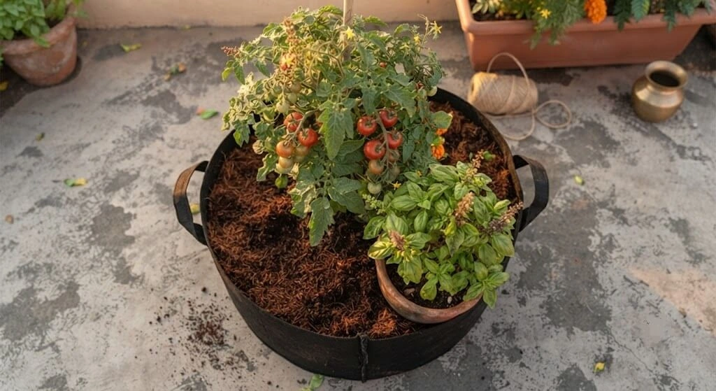 two pot system companion planting Indian balcony