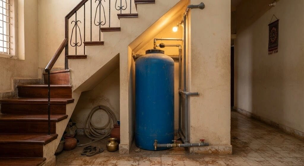 under staircase slim water tank storage Indian apartment