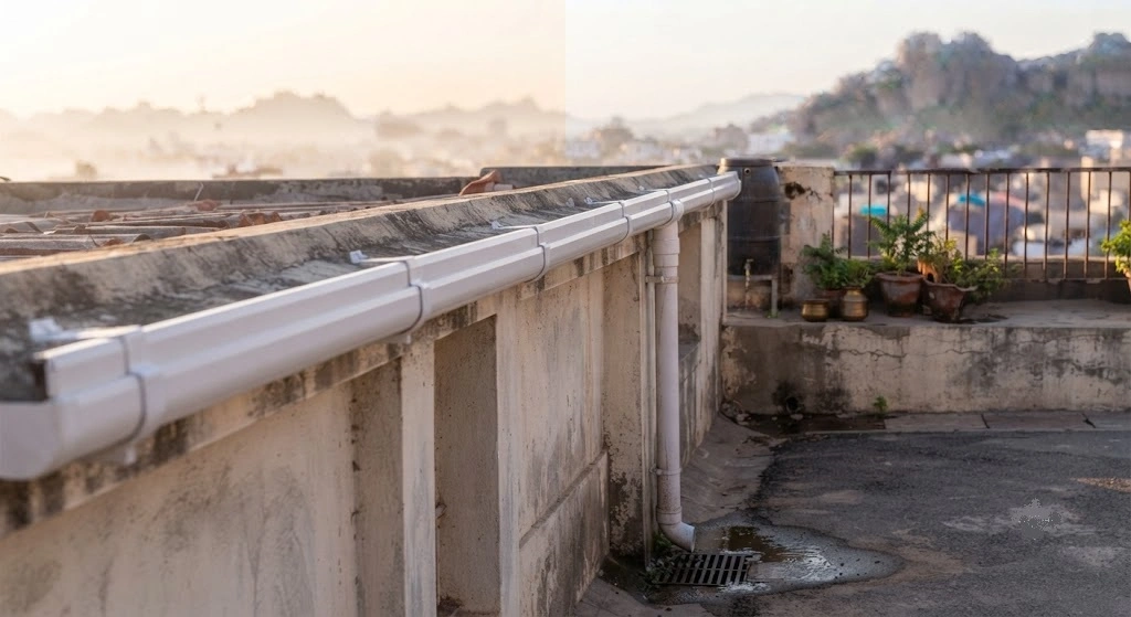 UPVC gutter downpipe installation Indian roof monsoon