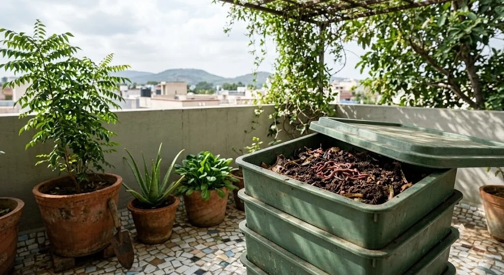 Vermicompost bin with worms and kitchen scraps on a shaded Madanapalle terrace