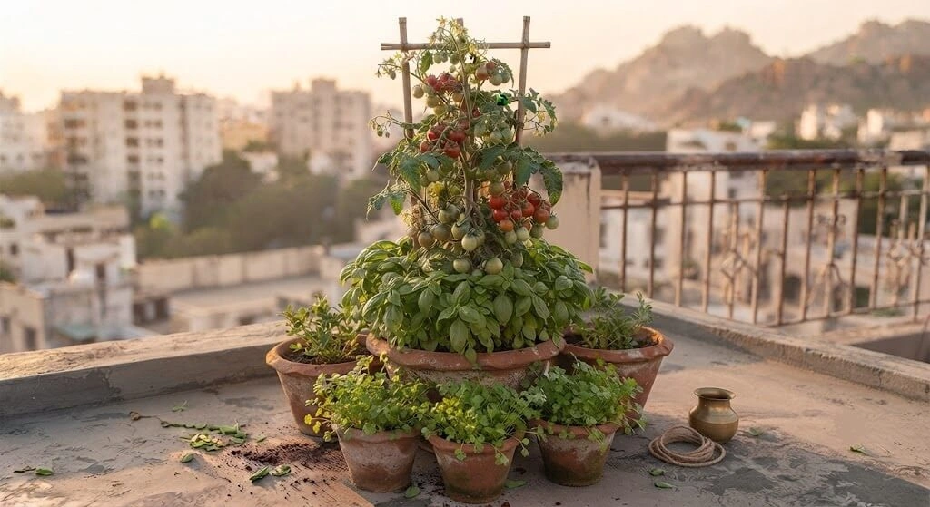 vertical companion planting stack Indian balcony layers