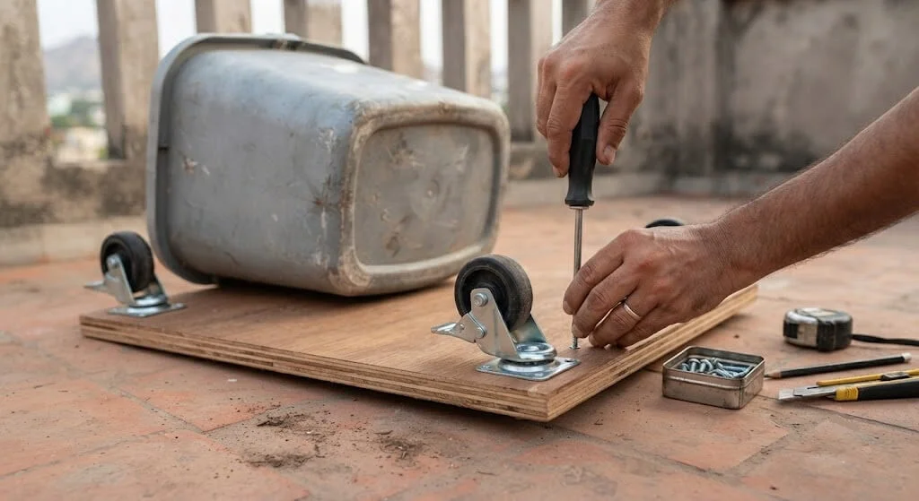 Castor wheels attached to a plywood base for a mobile planter