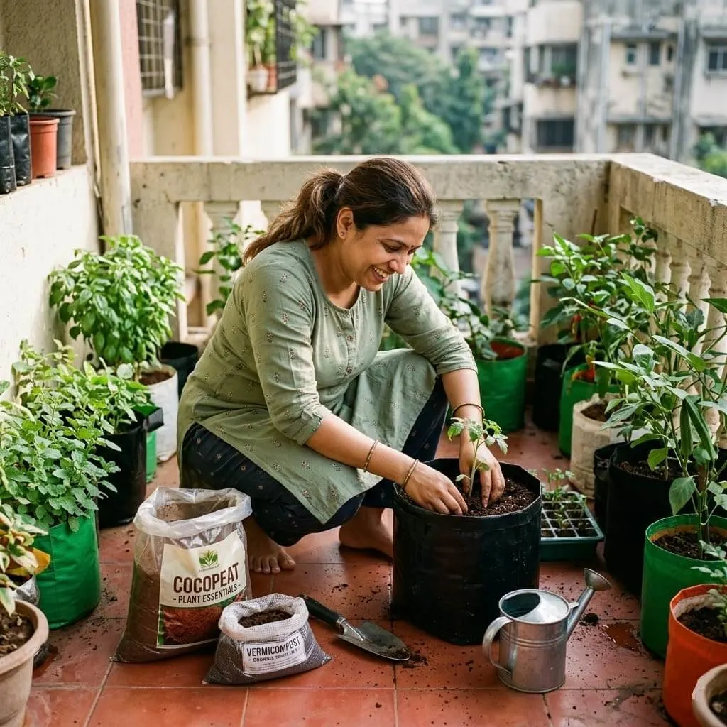 Indian woman gardening on apartment balcony with grow bags cocopeat and vermicompost