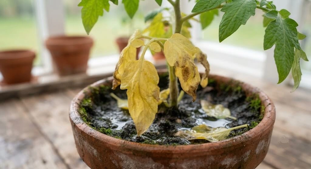 yellow mushy leaves overwatering symptom container plant