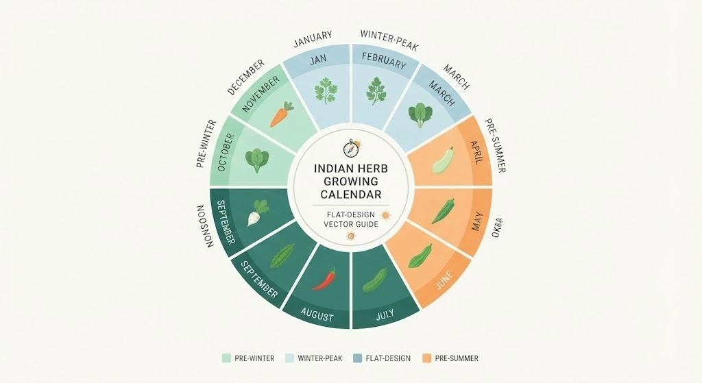 month calendar wheel infographic showing Indian herb planting seasons