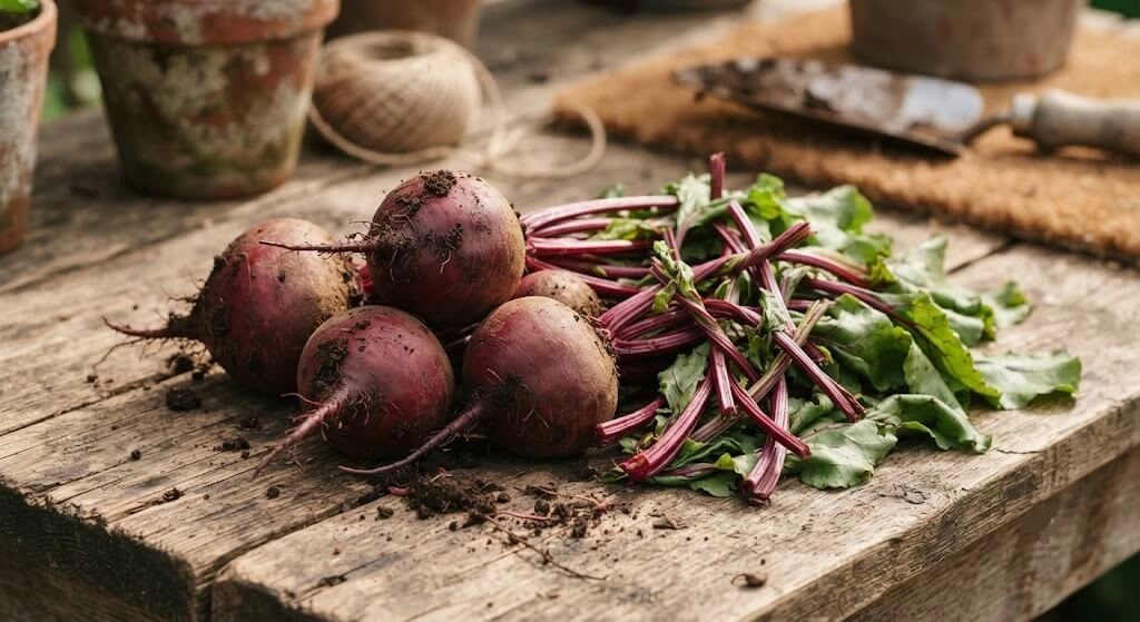 Fresh beetroot harvest with leaves twisted off, Indian container garden