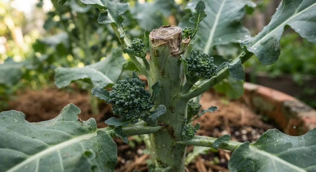 Broccoli plant producing side shoots after main head harvest