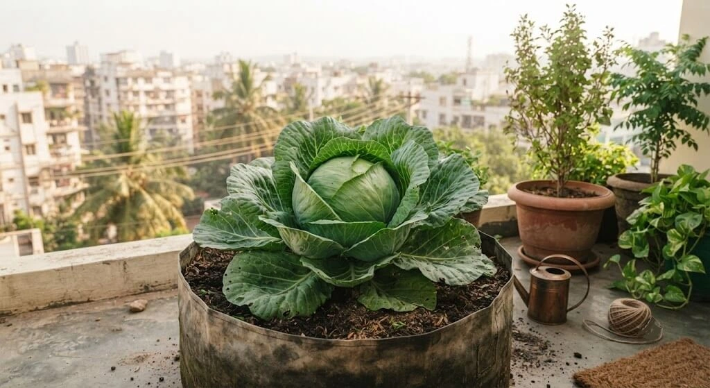 Mature cabbage head growing in a large container on an Indian terrace