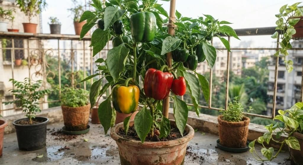 Bell peppers ripening from green to red and yellow on the plant