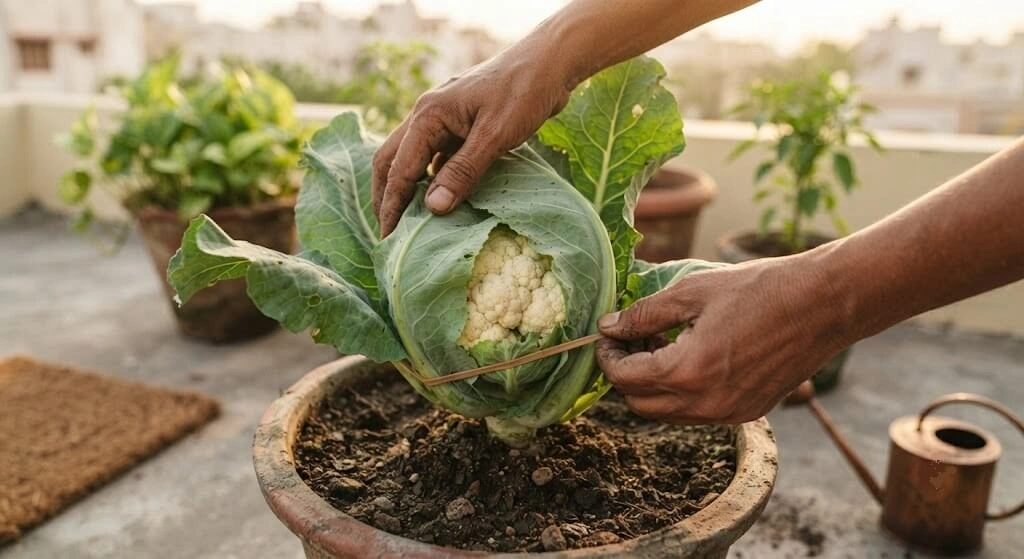 Blanching a cauliflower curd by folding outer leaves over it