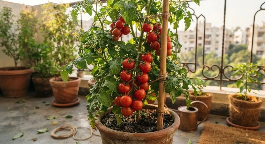 Ripe cherry tomatoes ready for harvest on a staked winter plant