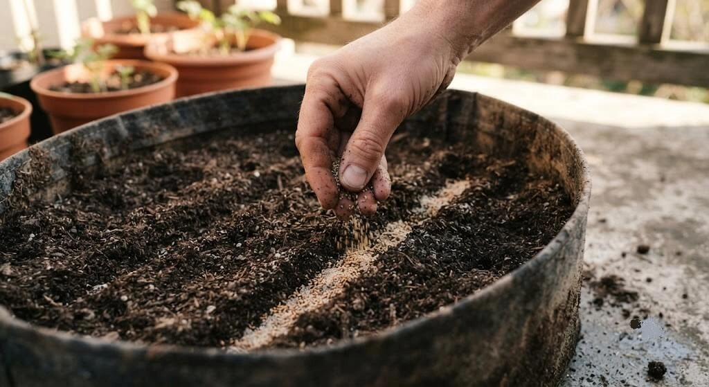 Sowing tiny carrot seeds mixed with sand in a deep grow bag