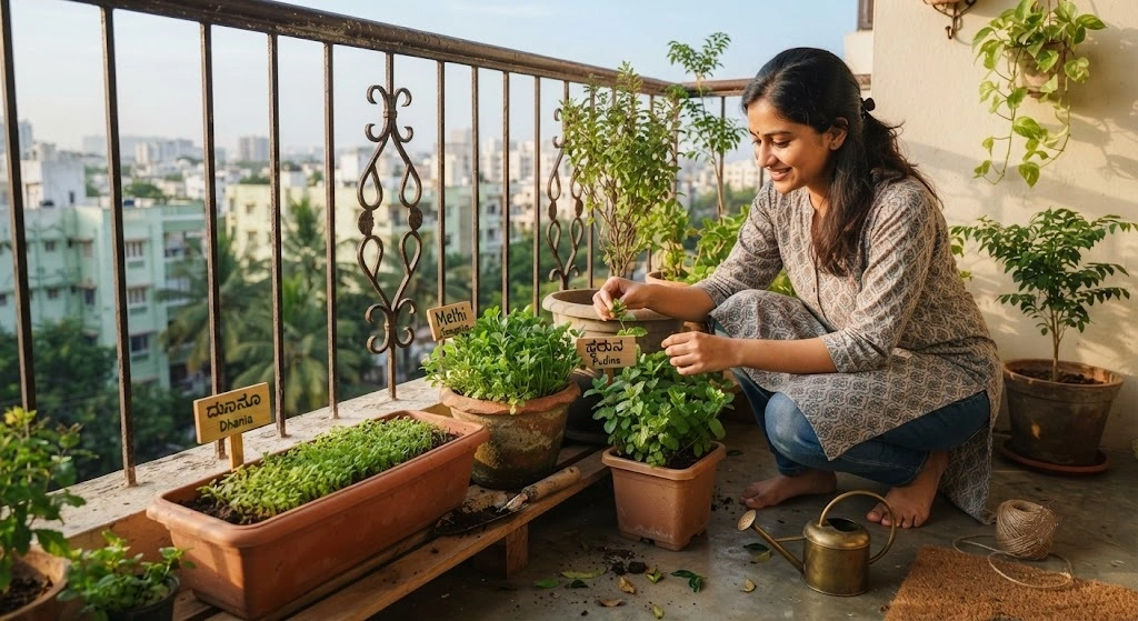 Devika's beginner balcony herb garden setup in Koramangala, Bangalore