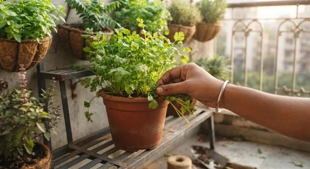Fresh dhania harvest from the mid-tier succession position on a herb rack