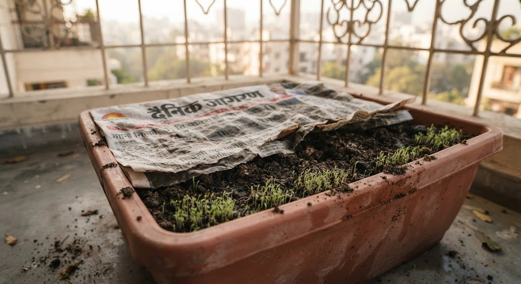 Dhania and methi seedlings under damp newspaper cover for germination