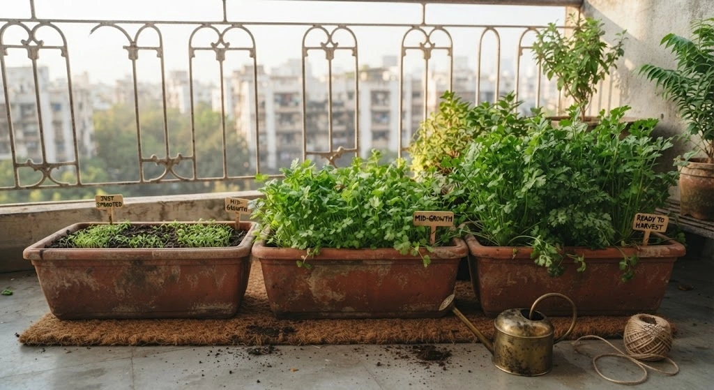 Three dhania succession containers at different growth stages