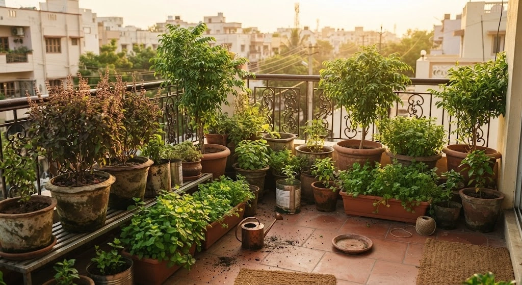 thriving, established year-two Indian balcony herb garden