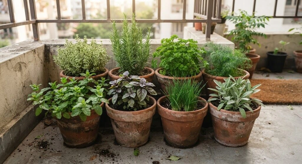 Floor container cluster of herb pots grouped on an Indian balcony