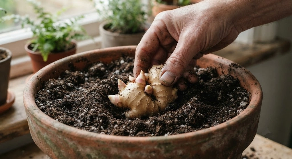 Planting ginger rhizomes in a deep container before monsoon