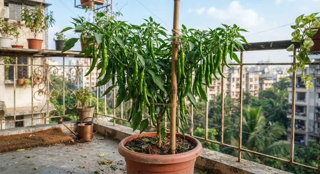 Green chilli plant loaded with fruit in a container on an Indian balcony