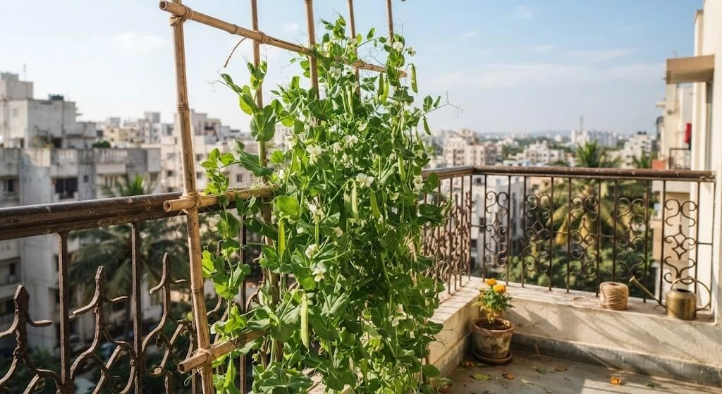 Pea plants climbing a bamboo trellis on an Indian balcony railing
