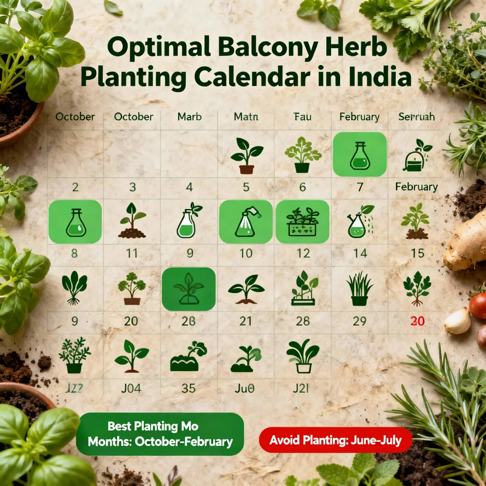 Complete 12-month calendar for growing herbs on balcony showing optimal planting times for cilantro basil mint parsley in Indian climate with monthly task schedule