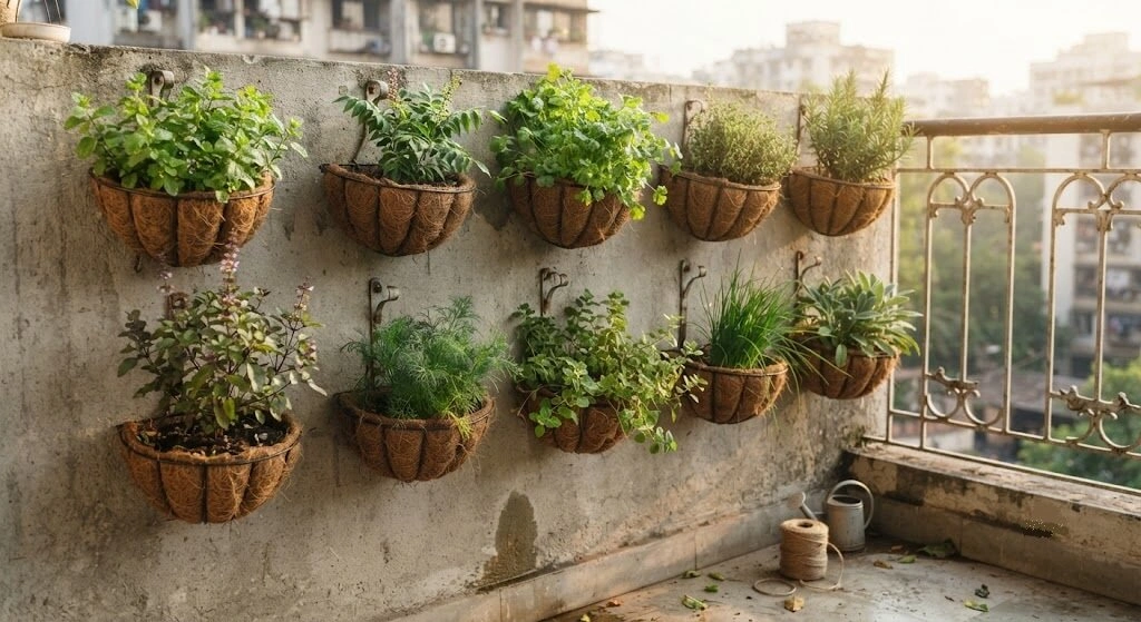 Hanging basket wall with coco coir liners for herbs on an Indian balcony