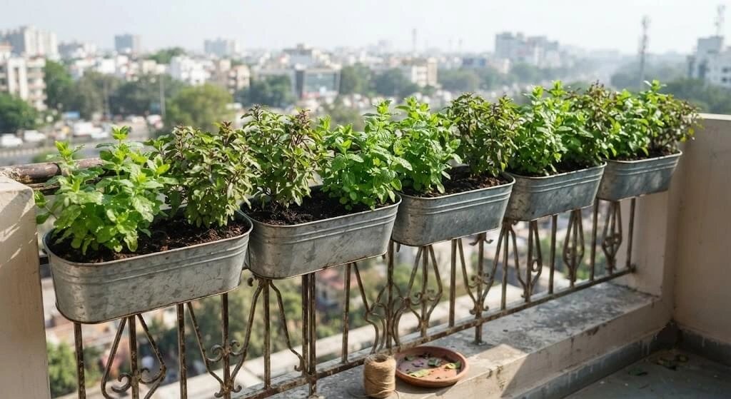 Horizontal railing planters mounted on an Indian balcony railing