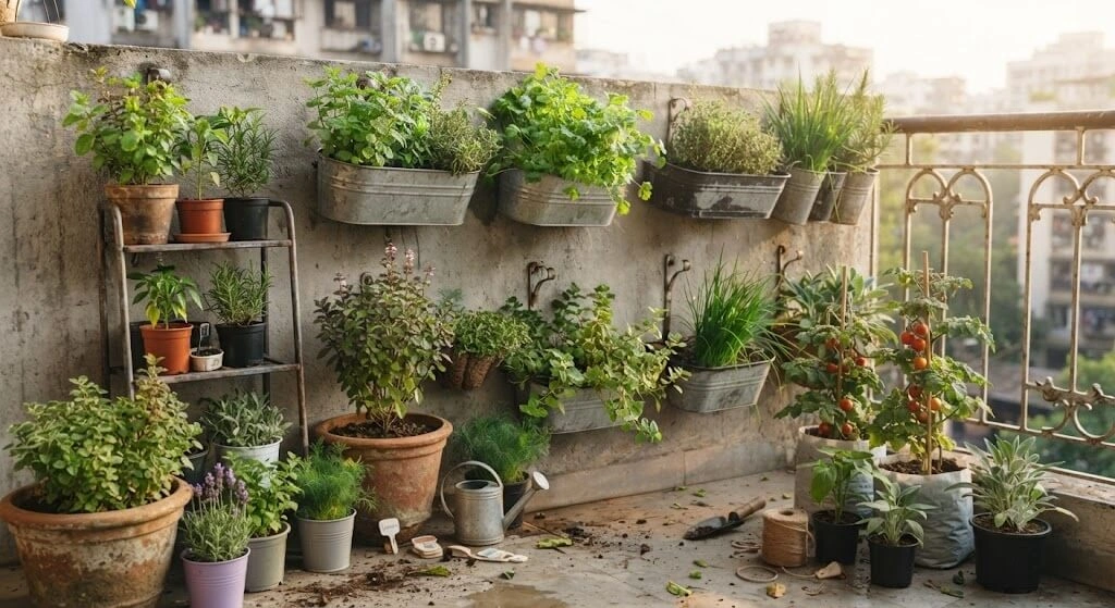 Hybrid mixed herb garden layout combining floor, vertical, and railing containers