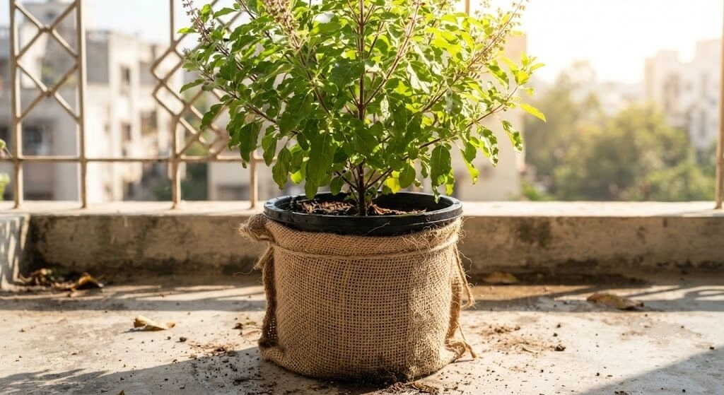 Black plastic container wrapped in jute cloth to reduce root zone heat