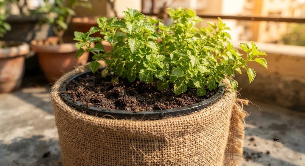 Black container wrapped in jute cloth to protect roots from summer heat