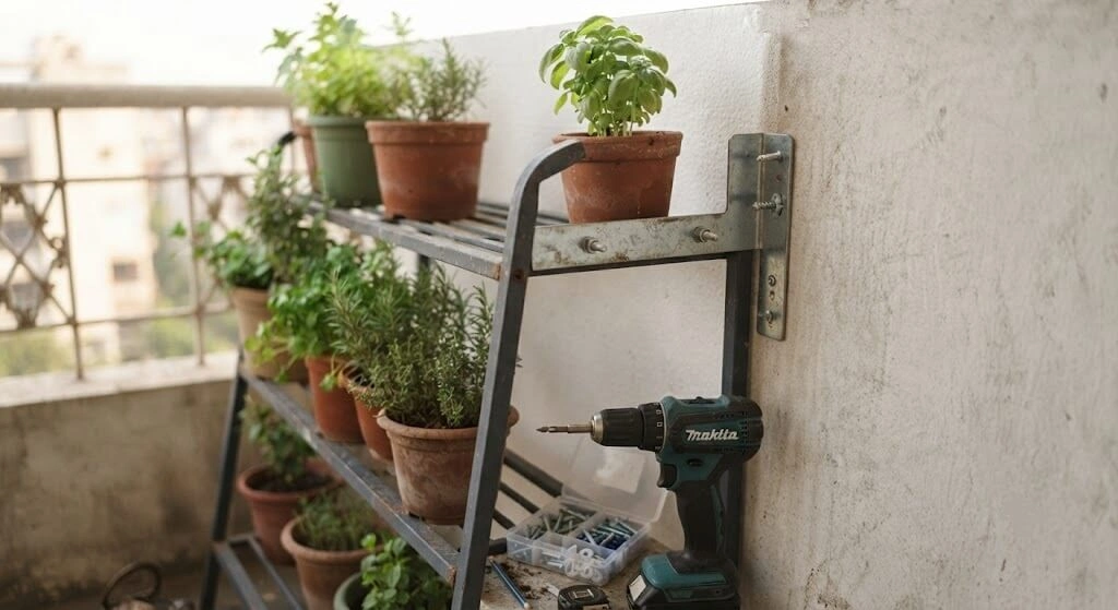 L-bracket anchoring a vertical herb rack to a balcony wall