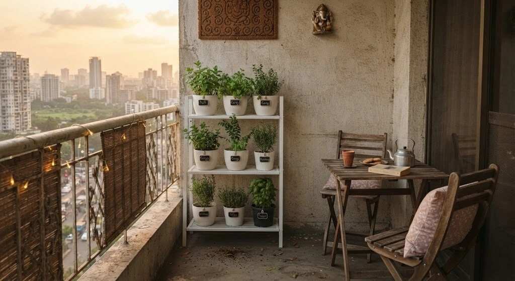 Meera's 11th floor Mumbai balcony herb garden case study setup
