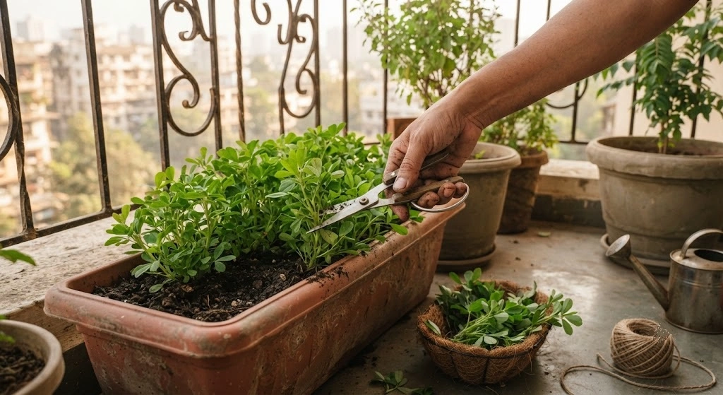 First methi harvest at 21 days from an Indian balcony container