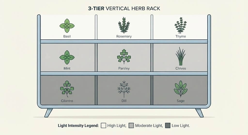 Diagram showing micro-zone sun and wind positions across a 3-tier herb rack