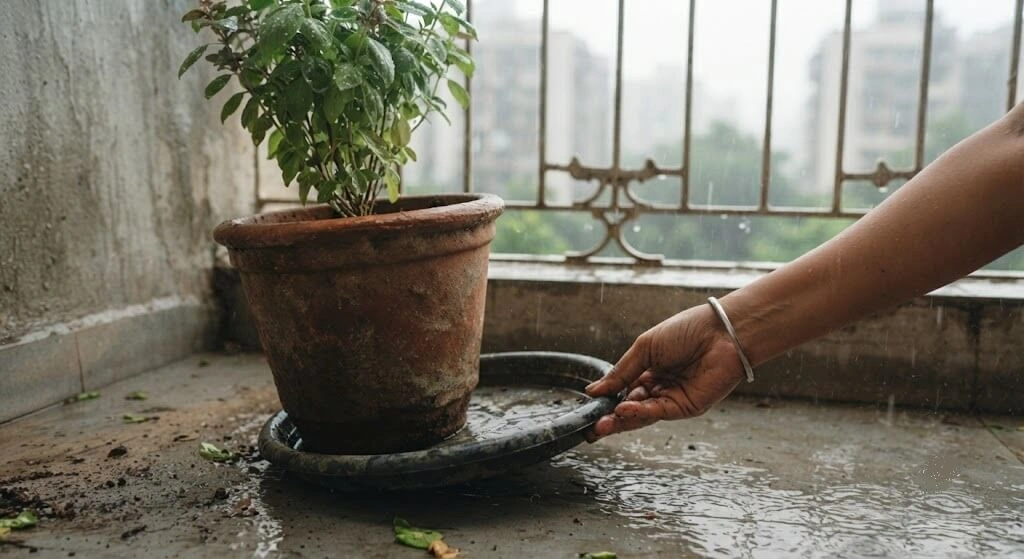 Removing a saucer from under a container to prevent monsoon