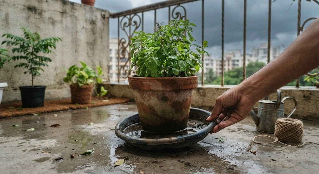 Removing saucers from herb containers before Indian monsoon season