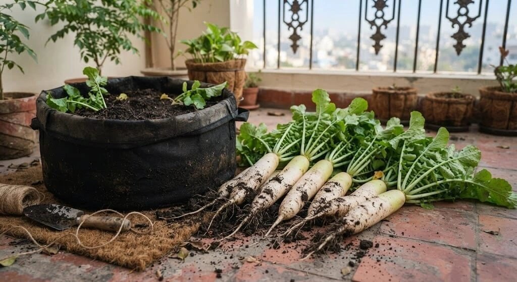 Freshly harvested mooli radish with green tops from a grow bag