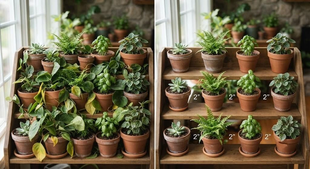 Comparison of overcrowded versus properly spaced herb pots on a rack