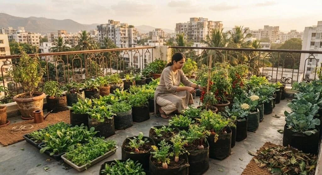 A thriving 150 sq ft winter vegetable terrace garden in Pune