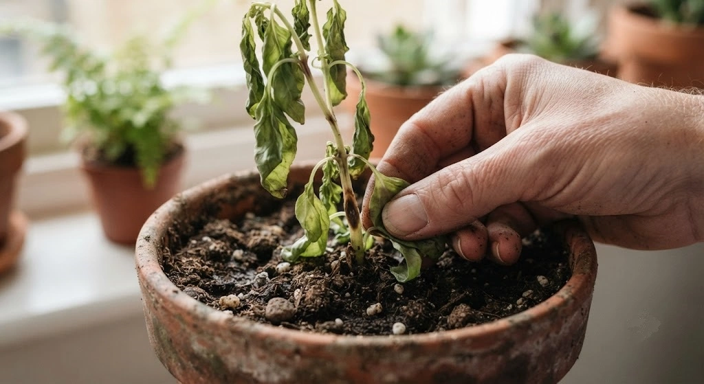 Checking a herb plant's stem base for signs of root rot
