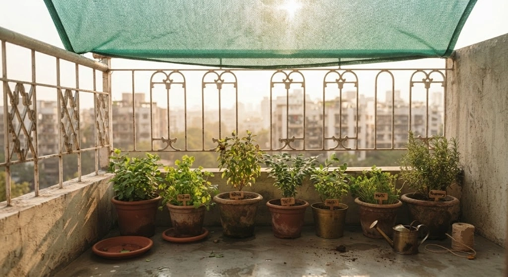 Shade cloth installed over balcony herb containers before summer heat