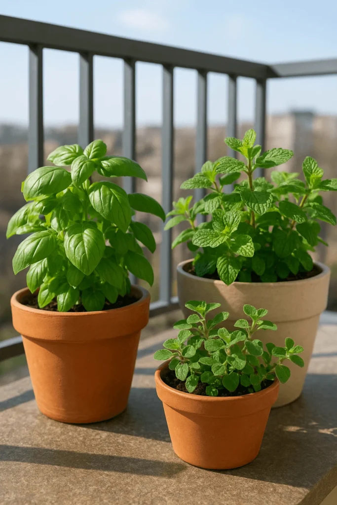Spring balcony herb garden with basil mint oregano showing optimal growth in February to May planting season