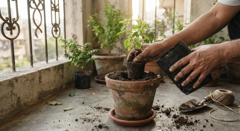 Transplanting tulsi and ajwain seedlings from nursery bags to containers