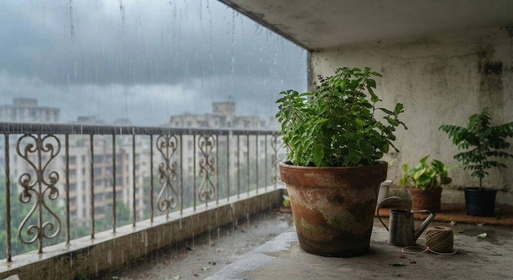 Tulsi plant moved under a roof overhang for monsoon protection
