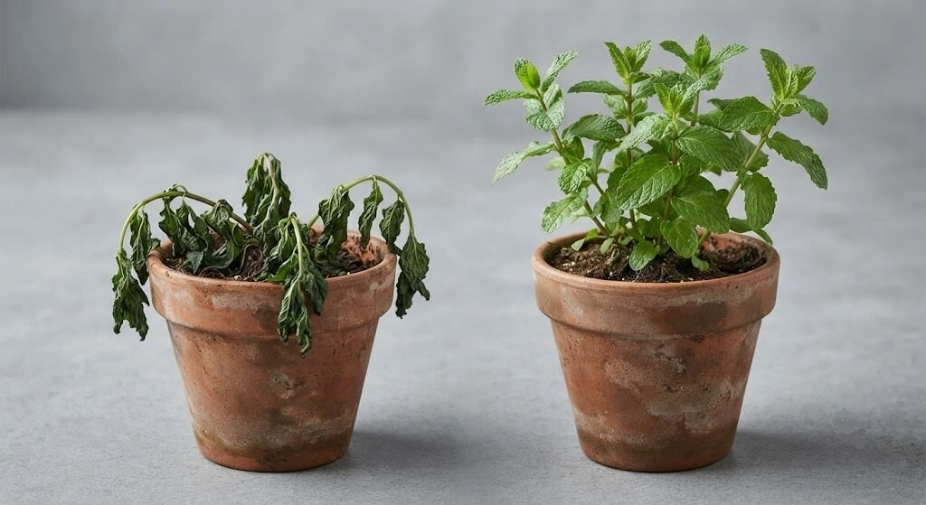Comparison of a wilted herb plant versus a healthy one for diagnosi