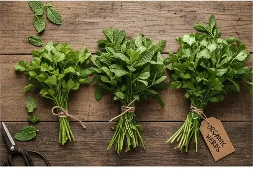 Organic herb bundles coriander mint basil fresh harvest balcony garden