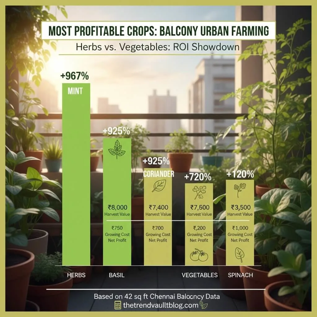 Top 5 most profitable crops for urban farming ranked by ROI: Mint 967%, Basil 925%, Coriander 729%, Thyme 580%, Parsley 540% with harvest values and costs