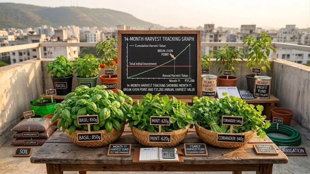 14 month urban farming harvest value tracking graph India